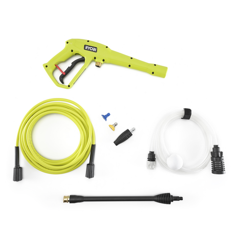 (1) Trigger Handle, (1) Spray Wand, (3) ¼” Quick-Connect Nozzles (15°, Turbo, Soap), (1) 25’ High Pressure Non-Marring Hose, (1) 10’ Siphon Hose, (1) Self-Priming Adapter