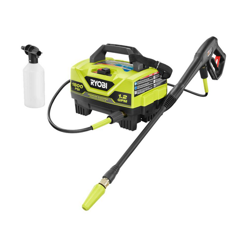 (1) RY141802 - 1800 PSI 1.2 GPM Electric Pressure Washer, (1) Trigger Handle, (1) Spray Wand, (1) High Pressure Hose, (2) NOZZLES (15°, TURBO), & (1) Soap Applicator