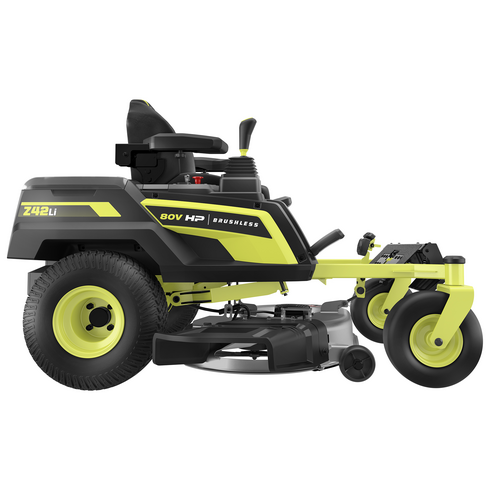 (1) RYRM8021 - 80V HP Brushless 42" Lithium Electric Zero Turn Riding Mower, With Easy access rear charging port that charges through standard 120-Volt outlet 