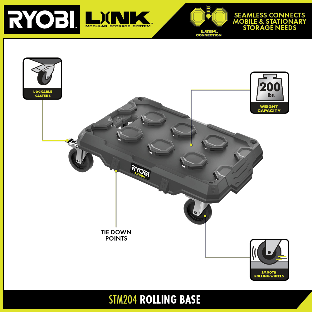 Ryobi Link Rolling Base Modular Dolly Cart Mobile Tool Storage Stacking  System