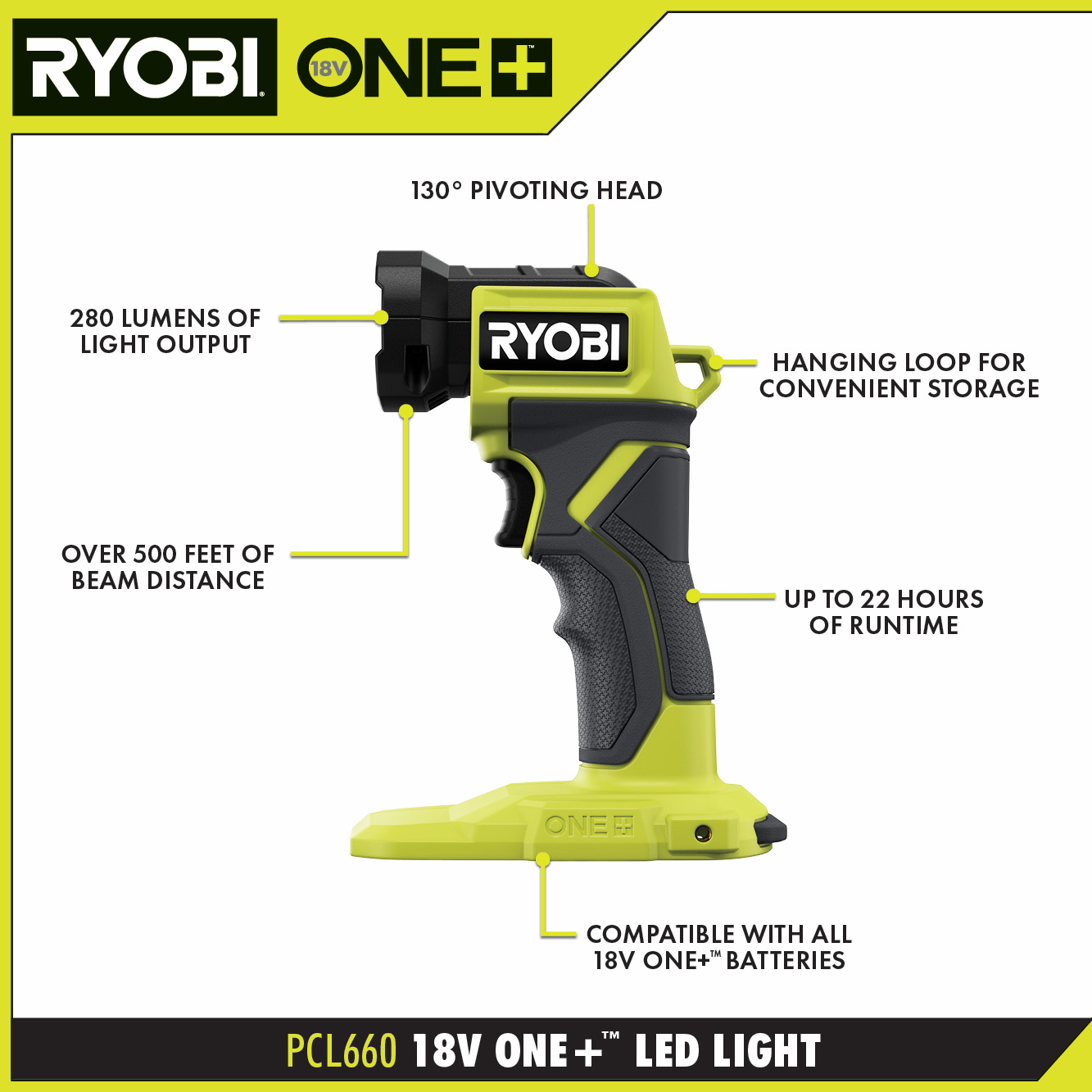 Pour Ryobi One + 18v Li-ion Ni-cad Ni-mh Batterie Travail Lumière Portable  Lampe de poche Extérieur Lumière d'urgence Led Tool Lamp