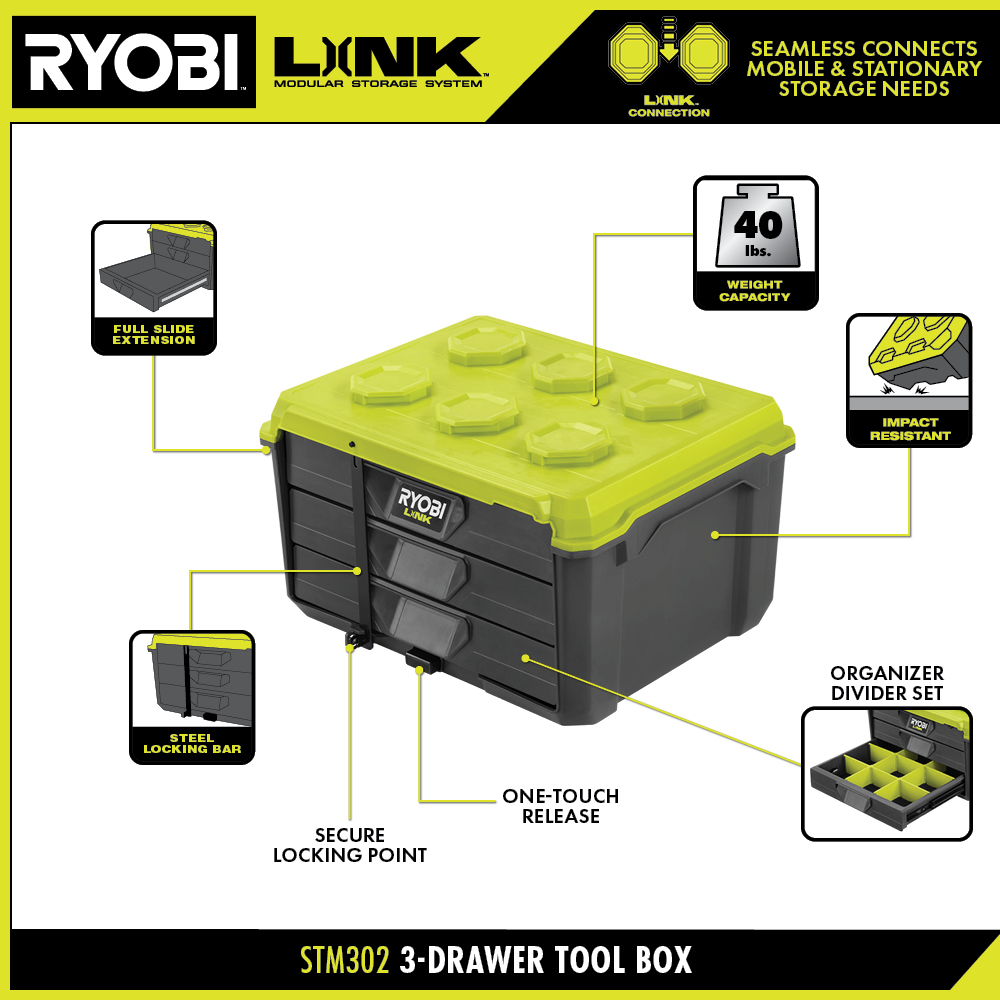 RYOBI LINK 10-Compartment Modular Small Parts Organizer Tool Box