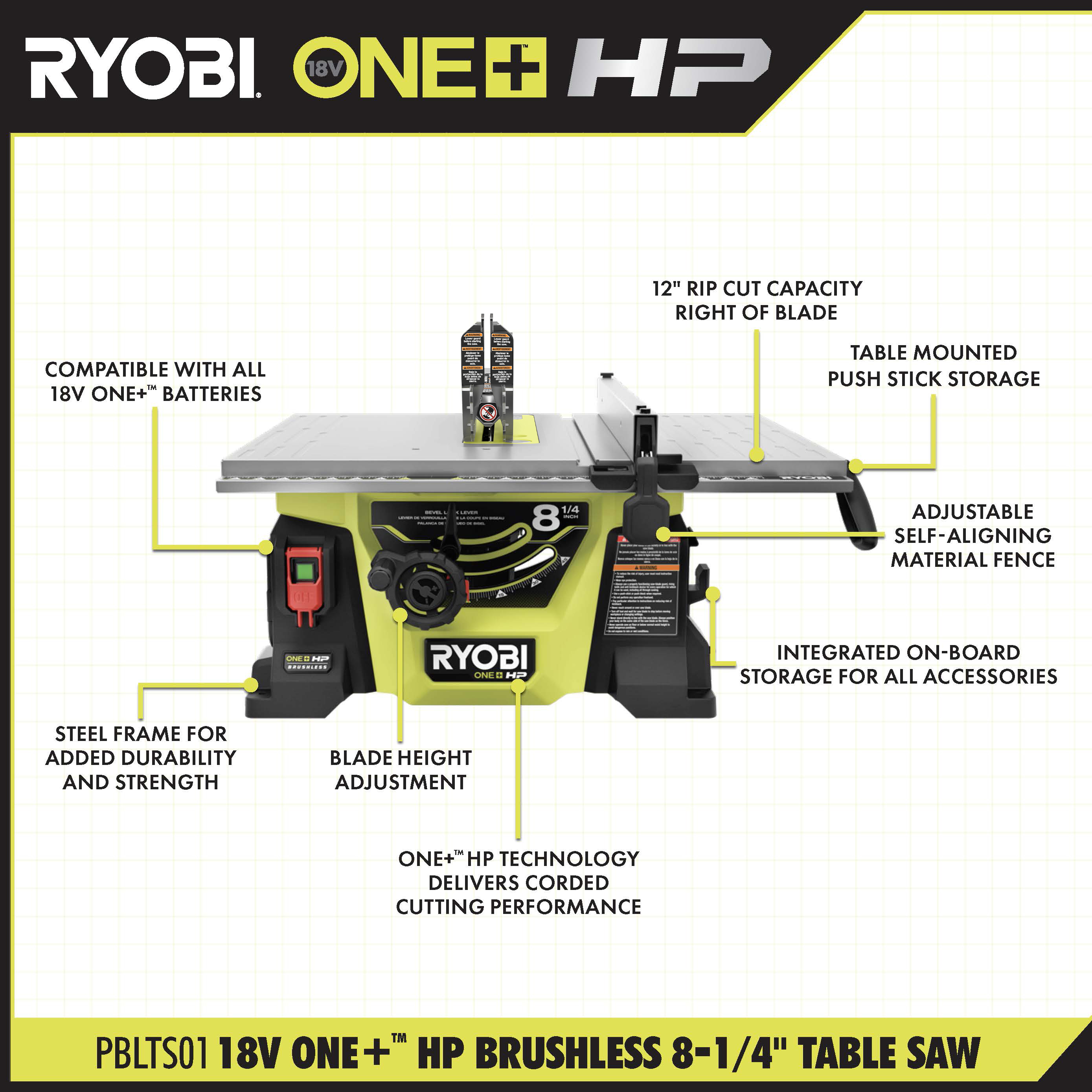Ryobi 18V One+ HP Brushless 8-1/4 Inch Cordless Table Saw - PTR