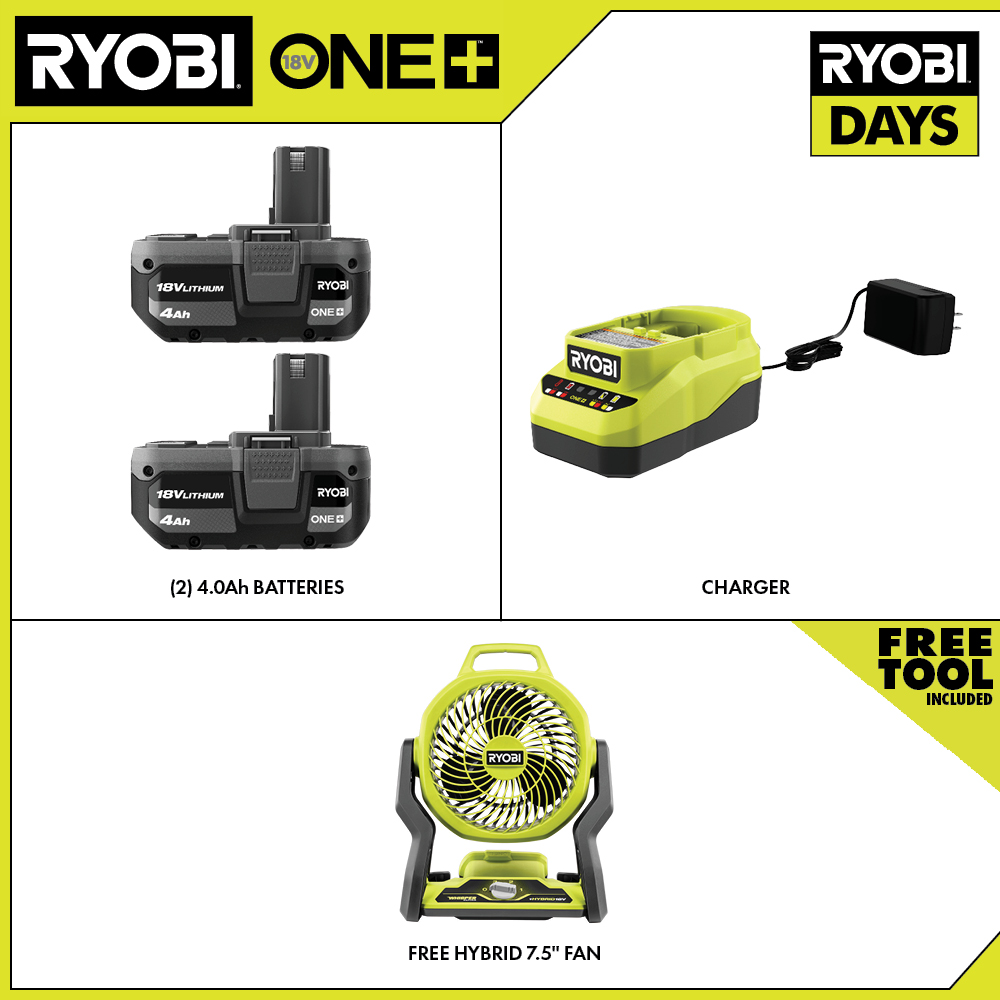 generic1 Ryobi ONE+ 18V Lithium-Ion 4.0 Ah Battery (2-Pack) and Charger  Kit, 1 (PSK006)