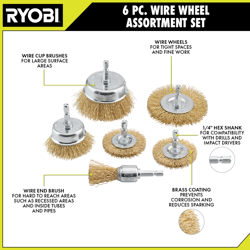 6 PC. Wire Wheel Assortment Set - RYOBI Tools