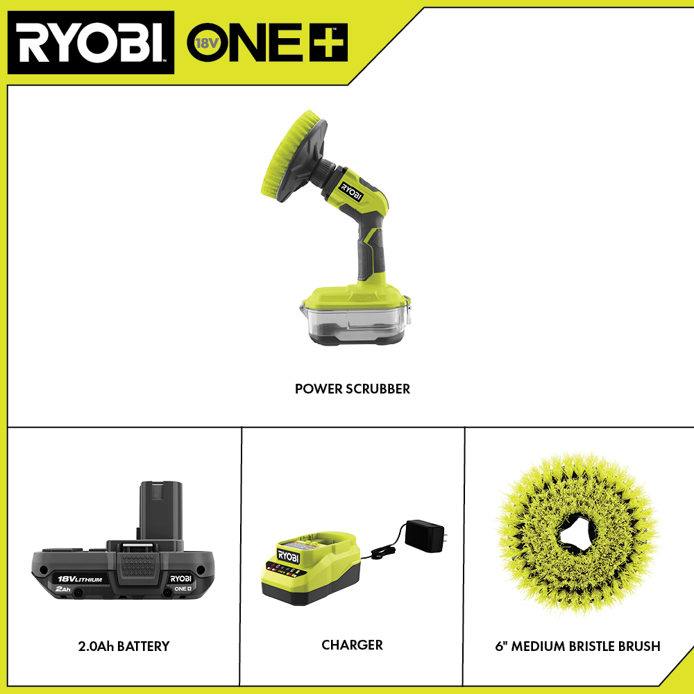 RYOBI ONE+ 18V Cordless Compact Power Scrubber Kit with 2.0 Ah