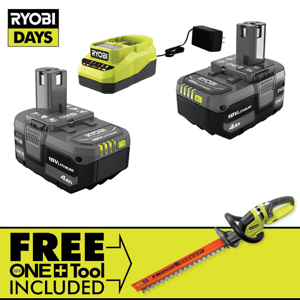 Product photo: 18V ONE+ 4Ah LITHIUM-ION STARTER KIT WITH FREE 18V ONE+ 22" HEDGE TRIMMER
