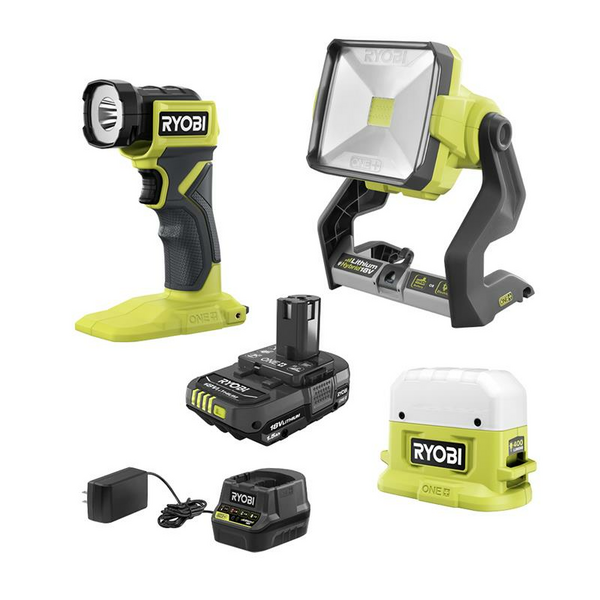 Product photo: ONE+ 18V Cordless 3-Tool Lighting Kit with Work Light, Compact Area Light, LED Light, 1.5 Ah Battery, and Charger