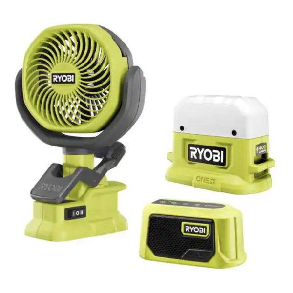 Product photo: ONE+ 18V Cordless 3-Tool Campers Kit with Area Light, Bluetooth Speaker, and 4" Clamp Fan (Tools Only)