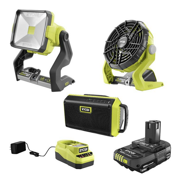 Product photo: ONE+ 18V Cordless 3-Tool Campers Combo Kit with Work Light, Speaker, Fan, 1.5 Ah Battery, and Charger