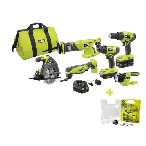 Product photo: 18V ONE+ 6-TOOL COMBO KIT WITH (2) BATTERIES, CHARGER & BAG W/ BONUS DRILL & DRIVE KIT (60-PIECE)