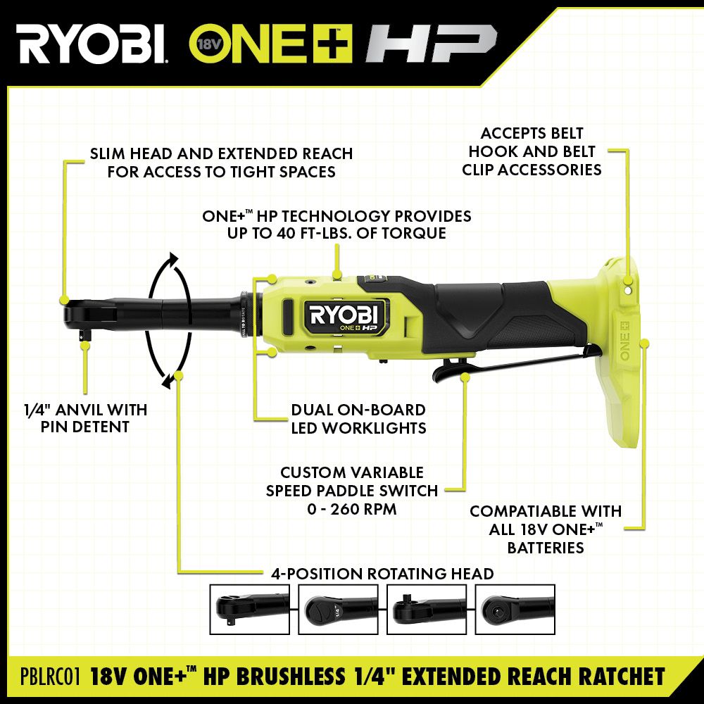 18V ONE+ HP BRUSHLESS 1/4 EXTENDED REACH RATCHET - RYOBI Tools