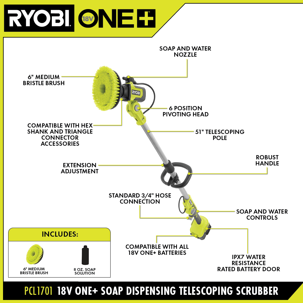 18V ONE+ SOAP DISPENSING TELESCOPING SCRUBBER KIT - RYOBI Tools