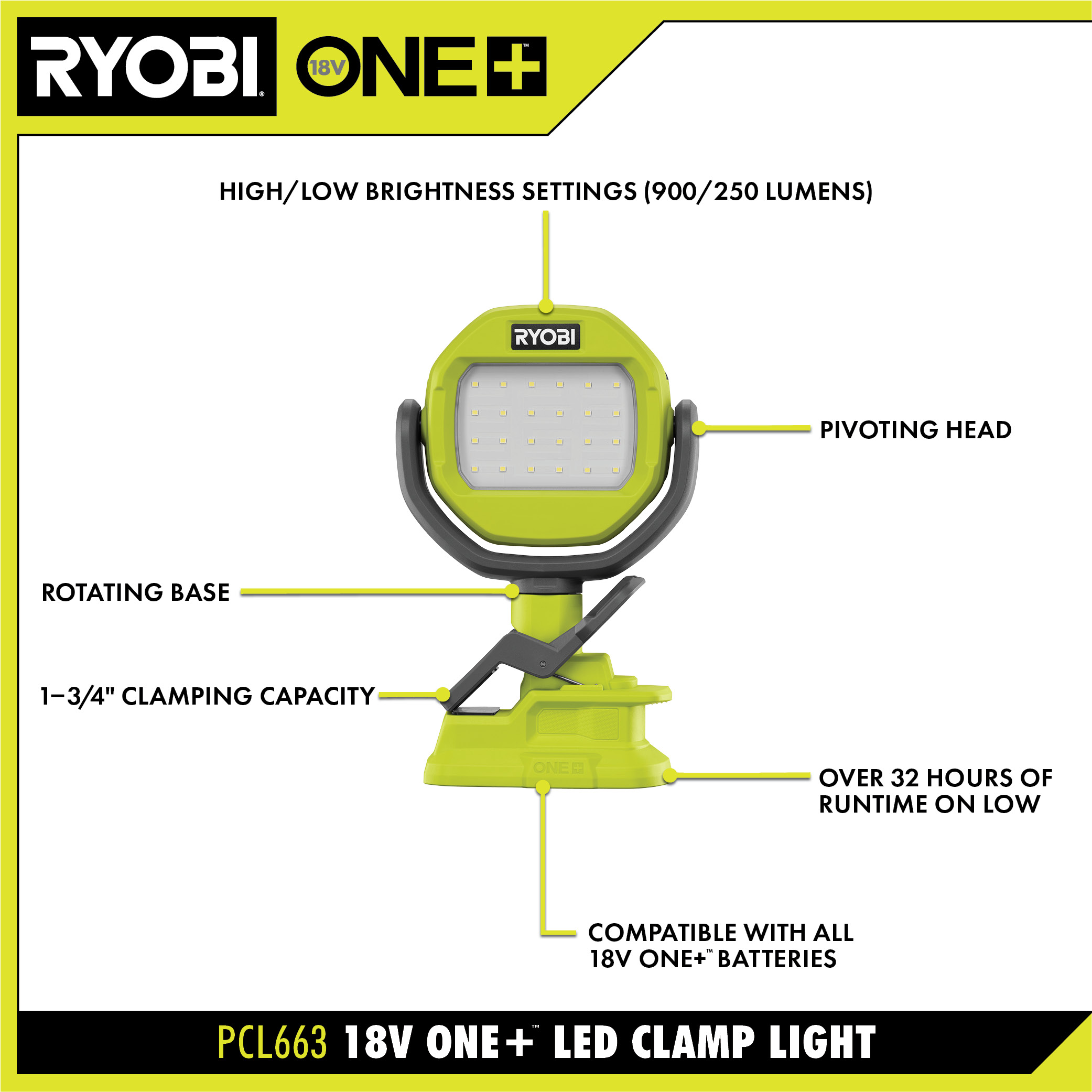 RYOBI - Lampe sur pince 18V - 900 Lumens - rotation 300° horizontale, 290°  verticale - RLCL18-0