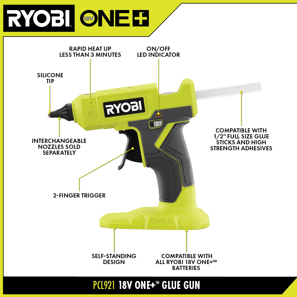 Ryobi 18V ONE+ (ONLY BODY) hot glue gun battery powered with dual  temperature 403/473K (130/200°C). Integrated LED. Compatible with 0.43  (11mm) and