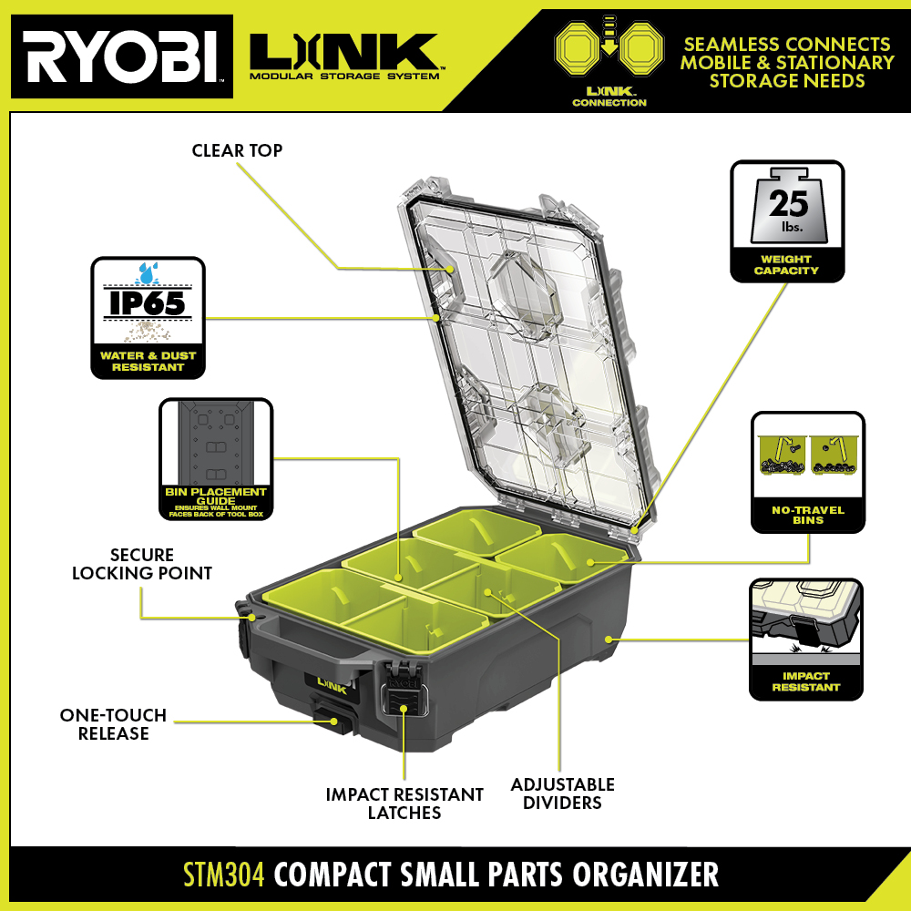 RYOBI LINK Compact 6-Compartment Modular Small Parts Organizer Tool Box,  Gray - Yahoo Shopping