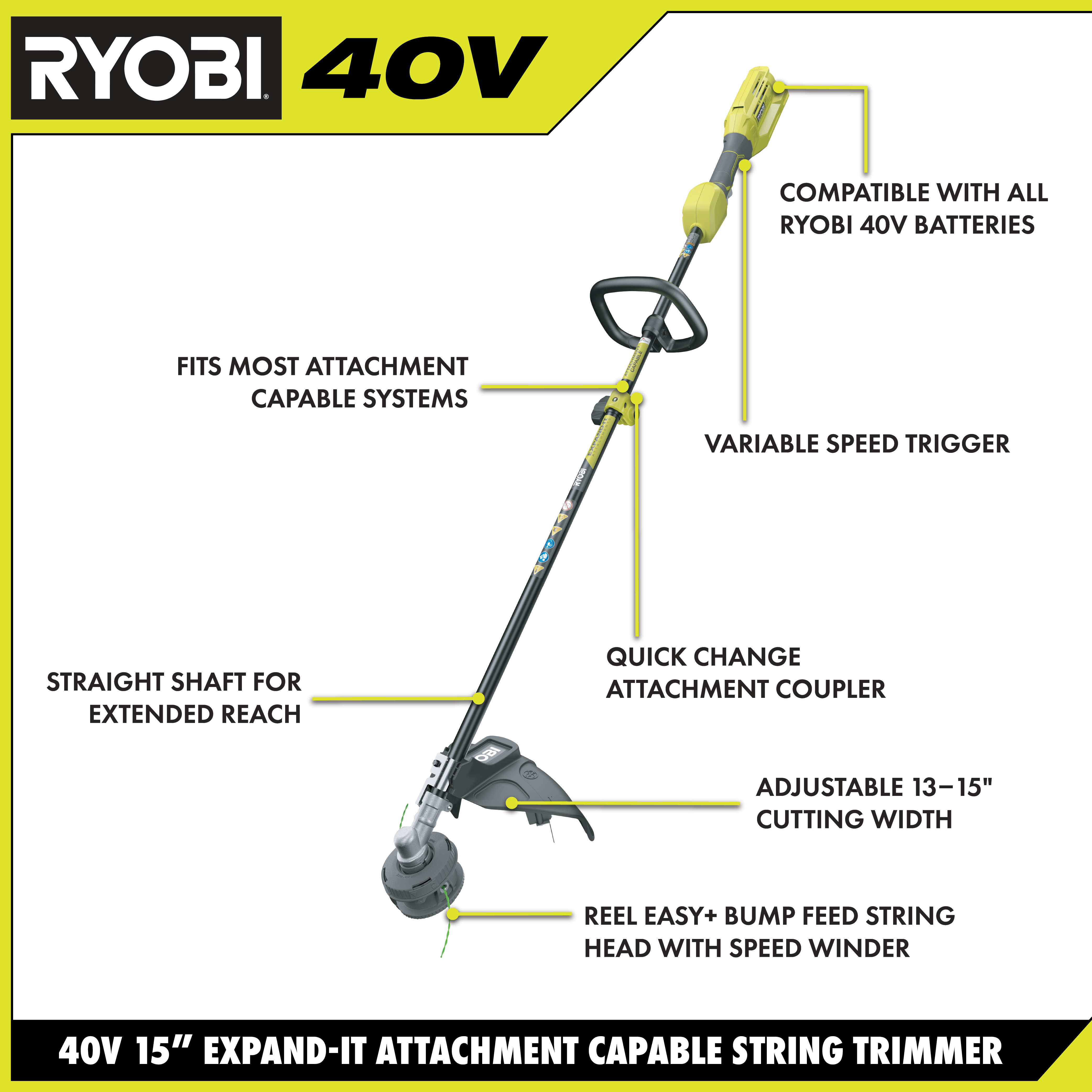 40V ATTACHMENT CAPABLE 15 STRING TRIMMER KIT - RYOBI Tools