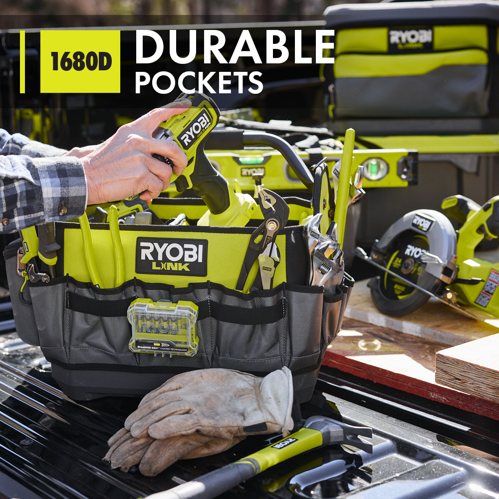 Link 17 in. Tool Bag with Tool Organizer Including Tape Measure Clip and Synching Level Straps, Ryobi Green/Gray/Black