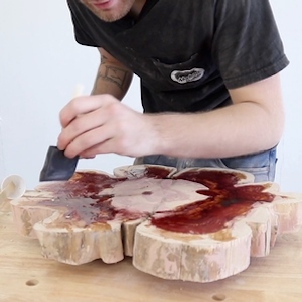 Applying epoxy to wood slice