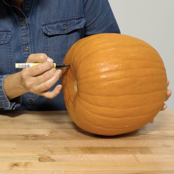 tracing a circle on the bottom of the pumpkin